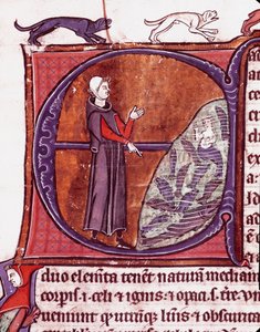 Egy szerzetes a tó előtt, egy sziréna a minihalak között, amelyeket Vincent de Beauvais (1184/94-1264) „Speculum historiale” (Tükörtörténeti) kéziratából vett ki. 13. századi Laon, városi könyvtár alkotó: Unknown artist