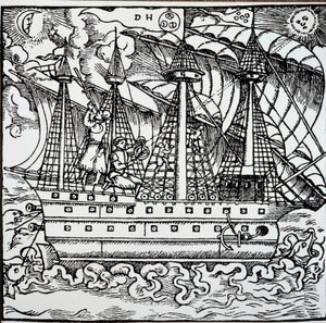 Egy navigátor egy portugál karavellán asztrolábium segítségével. Metszet Hans Staden német hajós (1525-1579) utazási történeteiből alkotó: Unknown artist