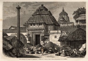 Népszerű séta a Djaghernaut Pagoda (1200 körül épült) főkapuja előtt, amely egy szent város és egy zarándokhely Dél-Bengáliában. Alfred Grandidier 1862-1864-es metszetét India meridionális tartományaiban tett utazás szemléltetésére, publikálják alkotó: Unknown artist