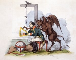 Jelenet Elba szigetén: Napóleon akasztófa előtt az ördöggel - a „” Napóleon 1., karikatúrák, próbabábu gyűjtemény” c. 1814 alkotó: Unknown artist