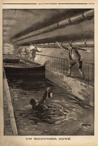 Egy párizsi vándort egy fantáziadús származék tisztítása fullad meg. Metszet a „” Le petit journal”-ban 1899. 15. 09. Selva kollekció. alkotó: Unknown artist