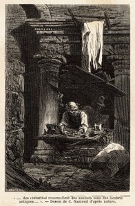 Egy cipész, aki ősi romokban rendezte be üzletét és dolgozik. A római utazást illusztráló metszet, Francis Wey 1864-1868-ban, megjelent a „Le tour du monde”” 1869-ben, szerkesztette Edouard Charton, Hachette kiadás, Párizs. Selva kollekció. alkotó: Unknown artist