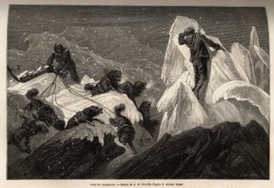 Egy szán és legénysége eltévedt a Hummocksban, szakadt jégtömbök, amelyek megelevenítik a jégcsomag felszínét. Doctor Hayes, az Egyesült Államok haditengerészetének sebésze által 1860-1862-ben megjelent metszet az Északi-sarkvidék szabadtengerére vezető ut alkotó: Unknown artist