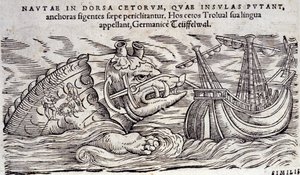 Egy bálna összetévesztve egy szigettel. Két ember tüzet gyújt egy tengeri szörny hátán. Conrad Gesner (1516-1565), Tiguri Historia Animalium metszete alkotó: Unknown artist