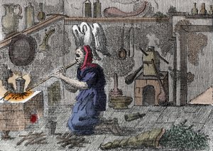Egy boszorkány a laboratóriumában, aki varázsitalt készít, igaz, varázsfüvekkel teli szarvat. századi metszet alkotó: Unknown artist