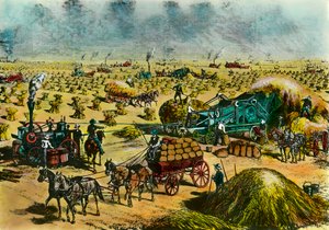 Mezőgazdasági forradalom: búza aratása Dakotában gőzgépekkel a 19. században. századi metszet. Párizs, dekoratív művészet alkotó: Unknown artist