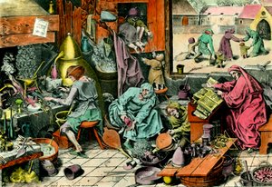 Alchemy Laboratory Egy alkimista, aki grimoire-t tanácsol. századi magángyűjtemény metszete alkotó: Unknown artist