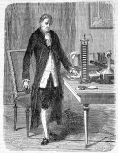 Alessandro (Alexandre) Volta 1799-ben építette az elektromotort vagy elektromos akkumulátort - metszet alkotó: Unknown artist