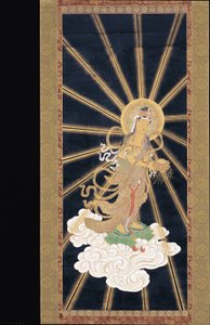 Amitabha (Amida) Triad Descending From Heaven (pigment a konshi-n (kék rizspapír)) alkotó: Unknown artist