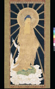 Amitabha (Amida) Triad Descending From Heaven (pigment a konshi-n (kék rizspapír)) alkotó: Unknown artist