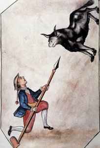 Egy indián, aki lándzsájáról egy bikára mutat, Baltazar Martinez Companion és Bujanda, Trujillo püspöke (1782-1785) "Trujillo of Peru" vagy "Codex Martinez Companion" című könyvéből alkotó: Unknown artist