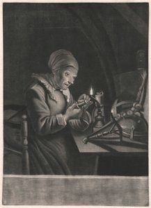 Egy idős nő megjavítja a forgó kerekét alkotó: Unknown artist
