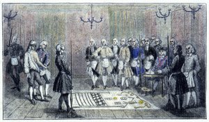 Egy tanoncpáholy Párizsban, 1740 körül: ez a jelenet egy „tanonc” szabadkőműves fogadását ábrázolja (a padlón a tanoncpáholy festménye) - egy korabeli metszet szerint. alkotó: Unknown artist