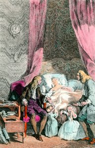 Egy megfigyelő orvos Egy beteg vagy már halott nőt családja és az orvos veszi körül. A gyerekek könnyeznek. Metszet 1780 körül. Párizs, Orvostudományi Akadémia alkotó: Unknown artist