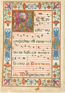 Hangszeren játszó angyal egy díszített "R" kezdőbetűs "R"-ben, növényvilággal, állatvilággal és groteszkekkel, egy antiphonálisból. alkotó: Unknown artist