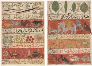 Állatok, drágakövek, érmék és hangszerek (recto); Állatok, madarak és növények (verso) Mu