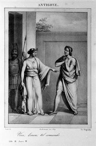 Antigone I. felvonás, 3. jelenet. Vittorio Alfieri olasz tragédiája, 1783-ban a görög mitológia nyomán. 18. századi metszet. alkotó: Unknown artist