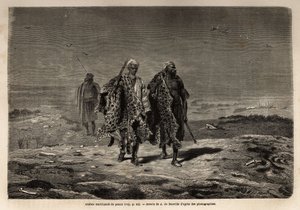 Arab beduinok, párducbőrök és juhgyapjúkereskedők, útban Bagdad (Irak) felvonulása felé. Guillaume Lejean 1866-os babiloni utazását illusztráló metszet a „Le tour du monde, nouveau Journal des voyages” című kiadványban, amely a szörnyűség alatt jelent meg. alkotó: Unknown artist