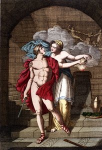 Arianne Thészeusznak adja a fonalat, hogy kiszabadulhasson a labirintusból – a Dizionario mitologico-ban alkotó: Unknown artist