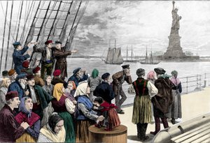 A New York-i kikötőbe emigráns családok érkeznek, látható a szabadság szobra. Metszet a „” Harper