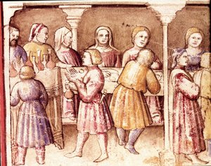 Bankettjelenet egy gazdag padovai kastélyban Miniatűr a 212-es kódexből (vagy Padovano kódexből vagy Páduai Bibliából) 1390-1400 Rovigo, Accademia dei Concordi alkotó: Unknown artist