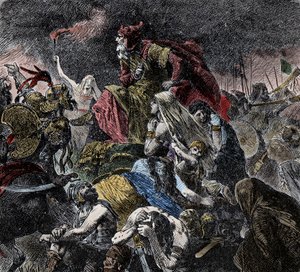 A Catalaunique Fields-i csata, ahol a rómaiak, a frankok és a vizigótok újra egyesültek, Atilla hunjait és az osztrogótokat Troyes közelébe helyezték, Hajnal – Barbár inváziók – (A katalán-síksági csata vagy a chaloni csata vagy a mauricai csata lezajlott alkotó: Unknown artist