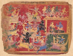 Krsna és Bana erőinek csatája, a szétszórt Bhagavat Purána egy példányából alkotó: Unknown artist