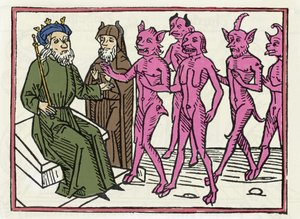Belial tárgyalása: „A Belial démon négy másik démon kíséretében jelen van Salamon bíró előtt” „Megraving from „The Belial trial” – Jacobus de Teramo (vagy Palladino), Ausburg alkotó: Unknown artist