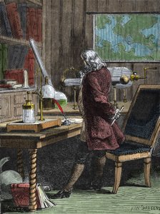 Benjamin Franklin (1706-1790), filozófus, fizikus és amerikai nagykövet philadelphiai laboratóriumában. alkotó: Unknown artist