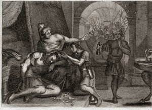 Royaumont Biblia, Ószövetség: Sámson halála. Sámson rájön Dalilára, hogy ereje a hajában van. Levágja a haját, és beviszi a filiszteus katonákat a szobába. Illusztráció 1811-ből. alkotó: Unknown artist