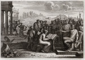 Royaumont Biblia, Ószövetség: Josias Piete. Jósiás, Júda királya helyreállítja Isten imádatát az ő birodalmában, és minden király mellett elhalad elődjei mellett. Illusztráció 1811-ből. alkotó: Unknown artist
