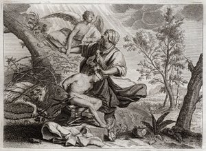 Royaumont Biblia, Ószövetség: Ábrahám áldozata. Egy angyal fogja Ábrahám kezét fia, Izsák áldozata előtt. A bal oldalon a hívő Ábrahám fog ölni helyette. Illusztráció 1811-ből. alkotó: Unknown artist