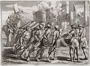 Royaumont Biblia, Ószövetség: Jerikóból vették. Jerikó falai a földre omlanak az Úr frigyládáját megelőző papok trombitáinak hangjára. Illusztráció 1811-ből. alkotó: Unknown artist