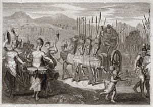 Royaumont Biblia, Ószövetség: Dávid diadala. Miután Dávid legyőzte az óriás Góliátot, Izrael asszonyai előtte mentek, hogy tiszteljék diadalát, örömujjongással és hangszerek hangjával. Illusztráció 1811-ből. alkotó: Unknown artist