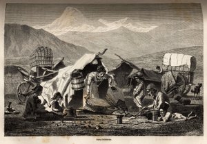 Bohém tábor. Basile Vereschaguine 1864-1865-ben a Kaukázus tartományaiban tett utazást illusztráló metszet, megjelent a „Le tour du monde, nouveau Journal des voyages” című folyóiratban, szerkesztette Edouard Charton alkotó: Unknown artist