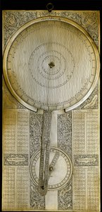 A „Jovilabe” (Jovilabium) néven ismert sárgaréz műszer, amelyet Galileo Galilei (Galilea) (1564-1642) csillagász 1610 körüli Jupiter-műhold periódusaira vonatkozó tanulmányok nyomán vetítettek ki. 1650-1700 Firenze, Istituto e Museo di Storia delle Scienze alkotó: Unknown artist