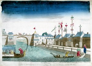 A pavilonokat elhagyó Cochinchine-híd és csónakok megkülönböztethetők. Metszet a 18. század végéről alkotó: Unknown artist