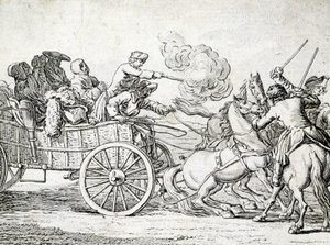 Brigandok támadnak utasokra egy szekéren. Egy 18. századi névtelen metszete. alkotó: Unknown artist