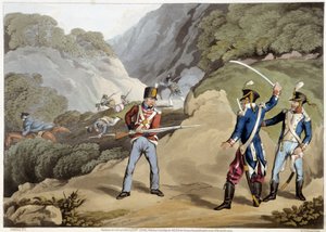 Brit katona fogságba ejtett két francia tisztet a pireneusi csatában – Edward Orme „Történelmi, katonai és haditengerészeti anekdotáiban...” alkotó: Unknown artist