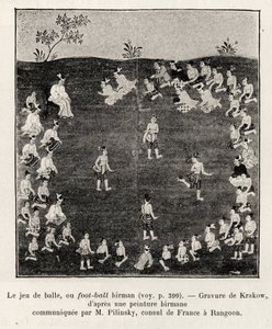 burmai foci vagy labdajáték. Krakkó metszete a „Tizenöt nap Burmában” című történet illusztrálására, E.Cavaglion, 1886-ban, a Le tour du Monde 1892-ben, rendezte Edouard Charton (1807-1891), Hachette, Párizs. alkotó: Unknown artist
