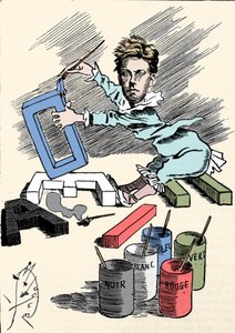 Arthur Rimbaud költőt (1854-1891) ábrázoló rajzfilm ábécé betűit festéssel borítva. Metszet a „Men of Today”-ből alkotó: Unknown artist