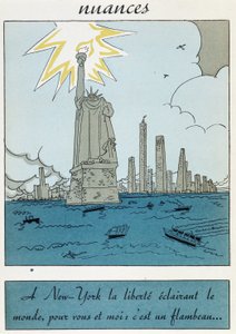 Karikatúra a Szabadság-szoborról az Egyesült Államokban: "A szabadság New Yorkban megvilágítja a világot, neked és nekem ez egy fáklya" alkotó: Unknown artist