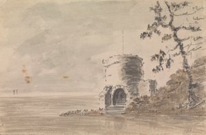Várrom a táj jelenetben egy tóval alkotó: Unknown artist