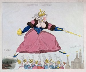 II. Katalin Oroszországból Konstantinápolyba ugrál az európai uralkodók felett, karikatúra, 18. század vége alkotó: Unknown artist