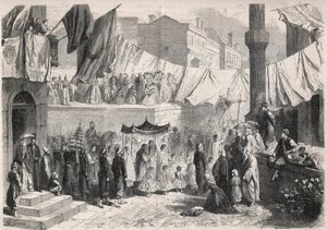 Katolikus körmenet Konstantinápoly utcáin a Fete Dieu (Fete-Dieu) alkalmából - Metszet: „A jeles világ” alkotó: Unknown artist