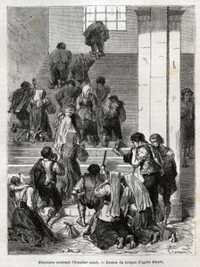 Katolikus bűnbánók felmennek a Rómába vezető szent lépcsőn. Metszet Ludovic Celler történetének illusztrálására; a nagyhét Rómában alkotó: Unknown artist