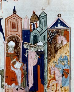 A „Decret de Gratien” („Concordia discordantium canonum” vagy „Decretum Gratiani”) 1140-ből származó miniatűr szerzetesi szokásának átvételének szertartása, amely a római katolikus egyház törvényeit és kánonjait szabályozza. 14. századi Cesena Biblioteca m alkotó: Unknown artist