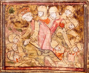 Charlemagne (742-814) megtalálja unokaöccse, Roland holttestét, aki a roncesvaux-i csatában halt meg. Miniatűr a „Grandes Chronicles de France” 1375-1379 városi könyvtárból, Castres alkotó: Unknown artist