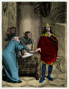 Nagy Károly diktálja kapituláris beszédeit miniszterének, Alcuinnak (732-804), Metszet XIX. alkotó: Unknown artist
