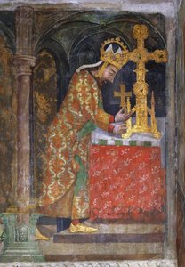 IV. Luxemburgi Károly (1316-1378), a rómaiak császára a Szent Kereszt egy töredékét egy ereklyetartóba helyezi - IV. Károly a Szent Kereszt szilánkját egy ereklyetartóba helyezi - Anonymous. Freskó, c. 1360. Nemzeti Galéria, Prága alkotó: Unknown artist